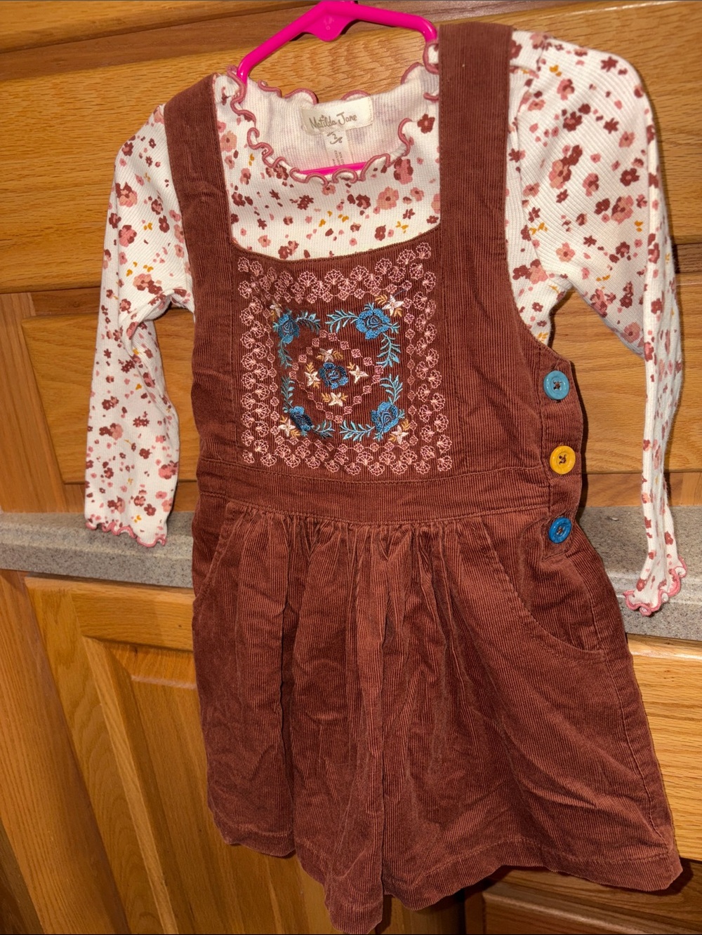 Matilda Jane Brown Corduroy Floral Embroidered Overall Dress